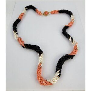 Vintage Coral Pearl & Black Onyx Twist Beaded Necklace 28in Multi-Strand Torsade
